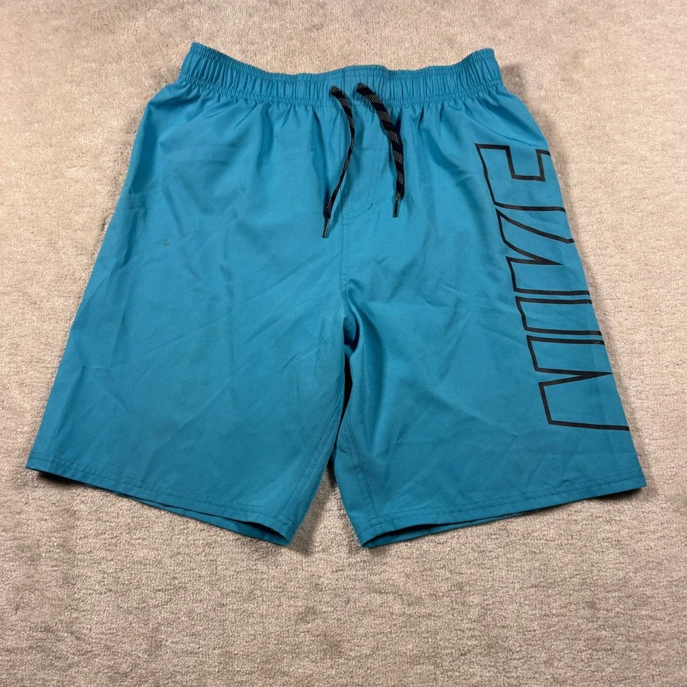Nike Swim Trunks Mens Medium Teal Blue Logo Graphic Board Shorts 9 Inch Inseam